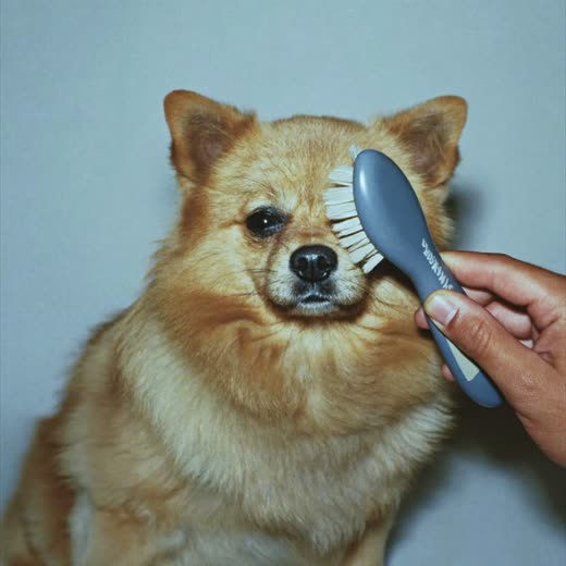 A small dog being brushed out during a groom