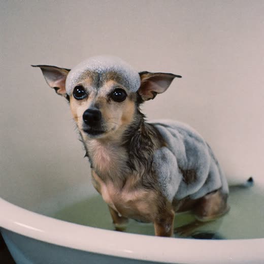 A small dog being bathed and shampooed